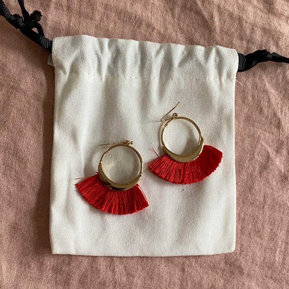 Anthropologie Gold Hoop Earrings with Red Fringe